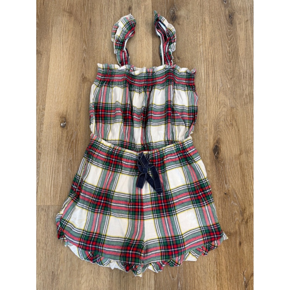 Aerie Preppy Plaid Romper Small Green Red White Ruffle Strap Velvet Bow Holiday